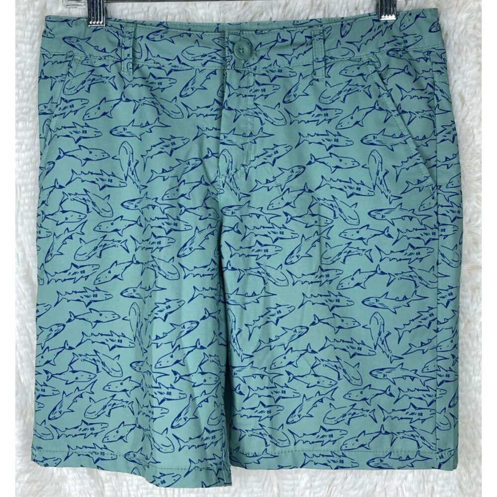 Cat & Jack Boys 14 Husky Quick Dry Button Up Shorts Green Blue Sharks - Picture 3 of 8